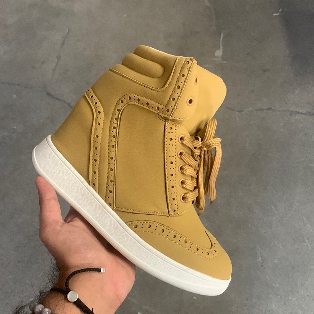 Women’s Lace Up Wedge High Heel Sneaker in Beige Faux Suede and Rubber Sole